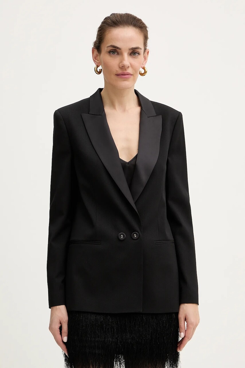 Bunda s prímesou vlny Twinset čierna farba, dvojradová, jednofarebná, 252TT2121