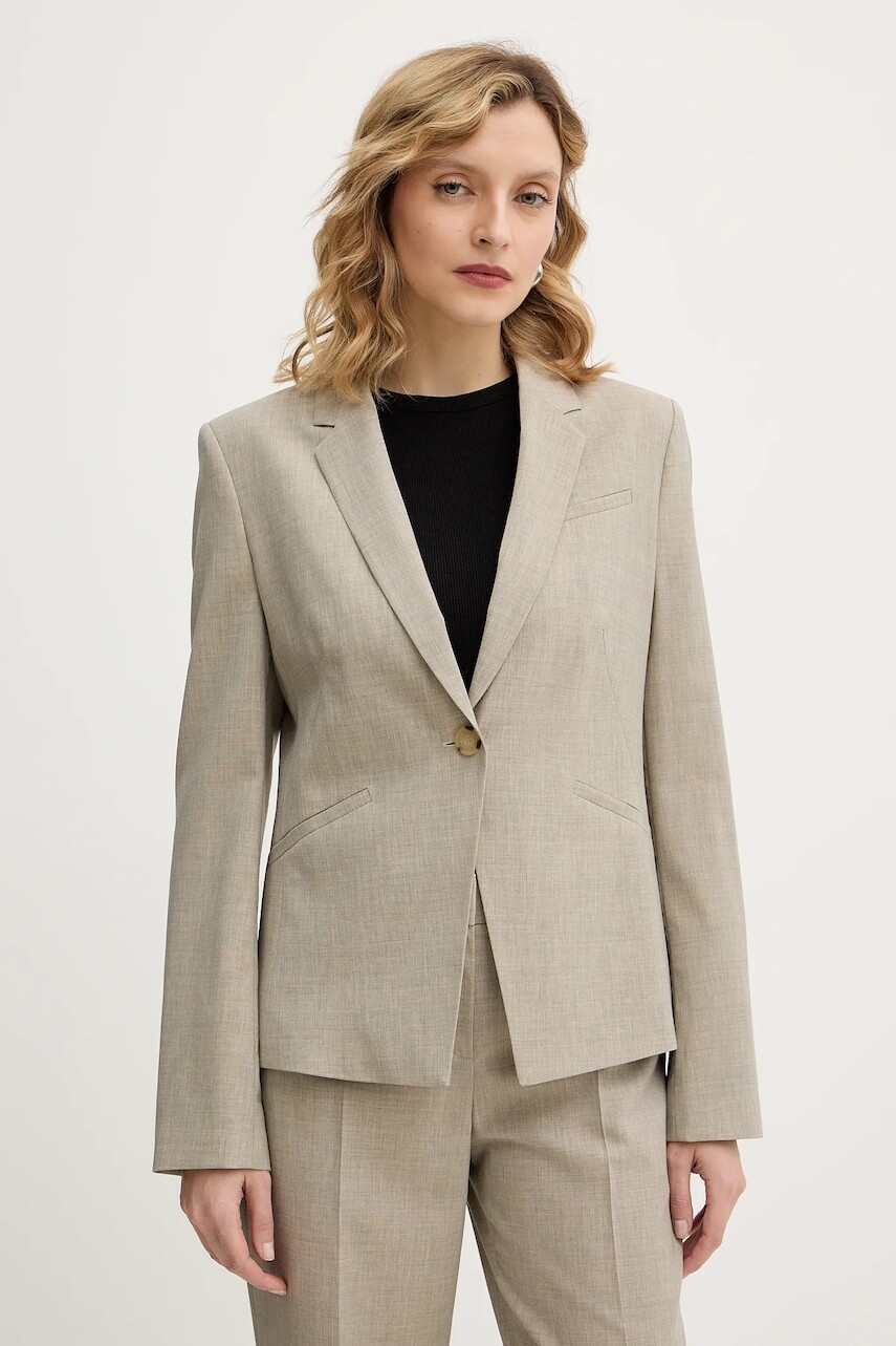 Vlnené sako BOSS béžová farba, jednoradová, melanžová, 50542010
