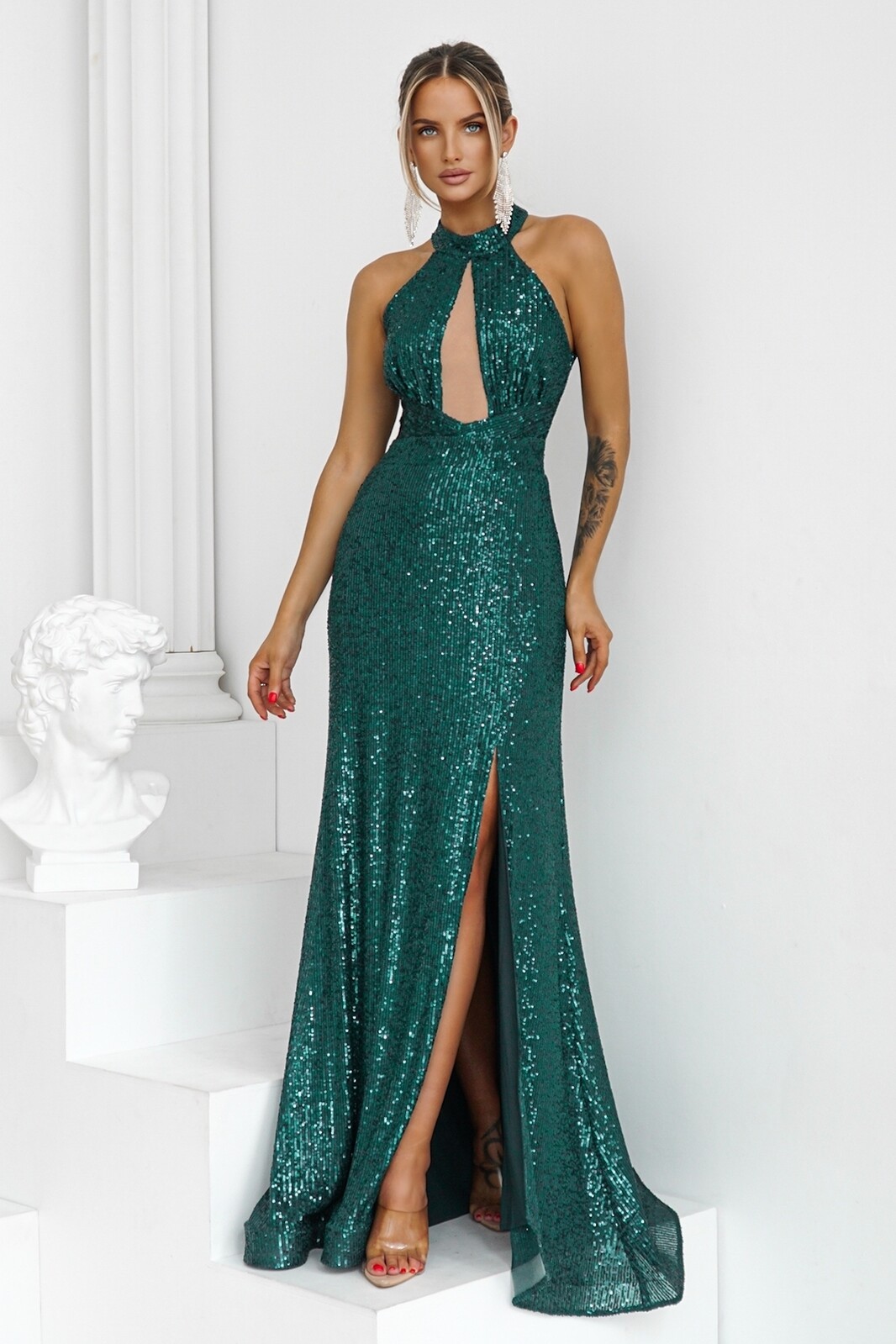 Warsaw Dress Smaragdové flitrované šaty s rozparkom Veľkosť: XS