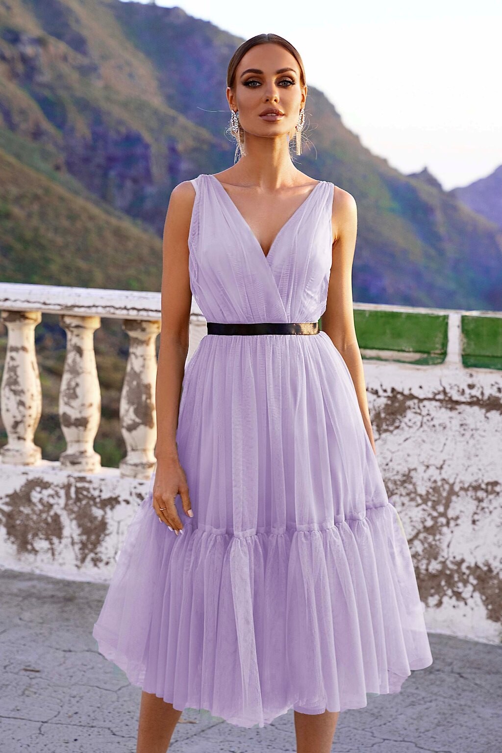 EMO Poškodený tovar - Fialové tylové midi šaty Veľkosť: XS