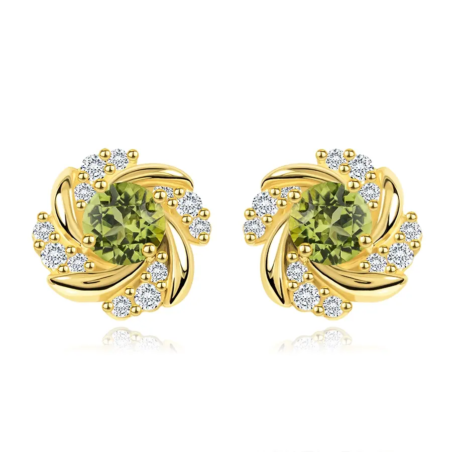 Zlaté náušnice 14K kvet s okrúhlym olivínom a zirkónmi, puzety