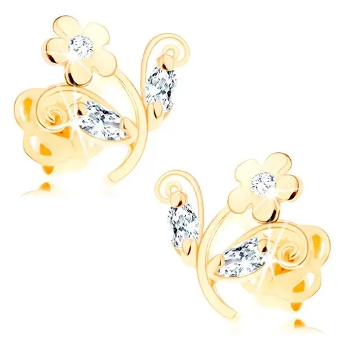 Zlaté náušnice 585 - malý lesklý kvietok zdobený čírymi zirkónmi, puzetky