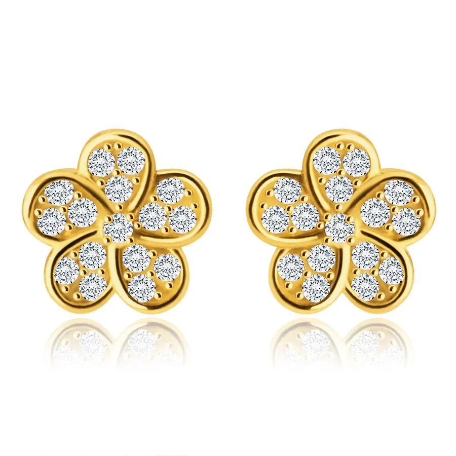Náušnice zo 14K zlata - ligotavý kvietok vykladaný čírymi zirkónikmi, puzetky