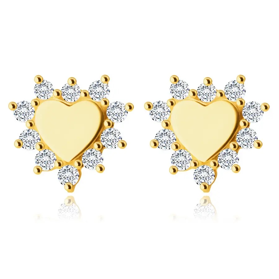 Zlaté 9K náušnice - malé srdiečko lemované lupeňmi kvetov, vykladané čírymi zirkónmi