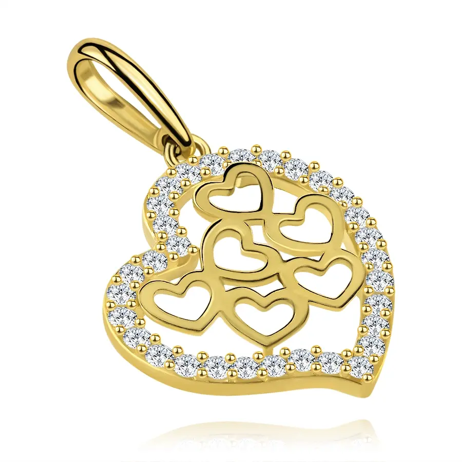 Zlatý prívesok 9K v tvare srdca so zirkónmi a výrezmi malých sŕdc