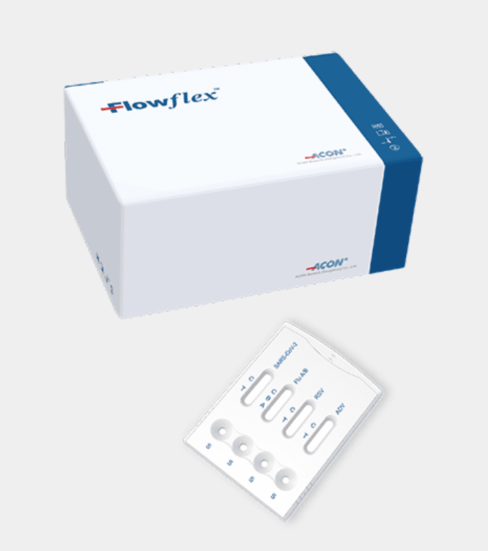 Flowflex Acon Biotech Flowflex 20 kusov 5v1 - Sars CoV2 - Chrípka A/B - RSV - Adenovírus Antigén Combo Rapid Test - Acon Biotech Množstvo I: 1 kusov. EXP.6.2027 antigénové testy