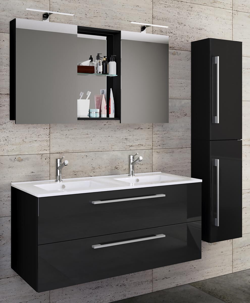 4-dielna umývadlová skrinka Budasi s vysokou skrinkou, umývadlo, čierna