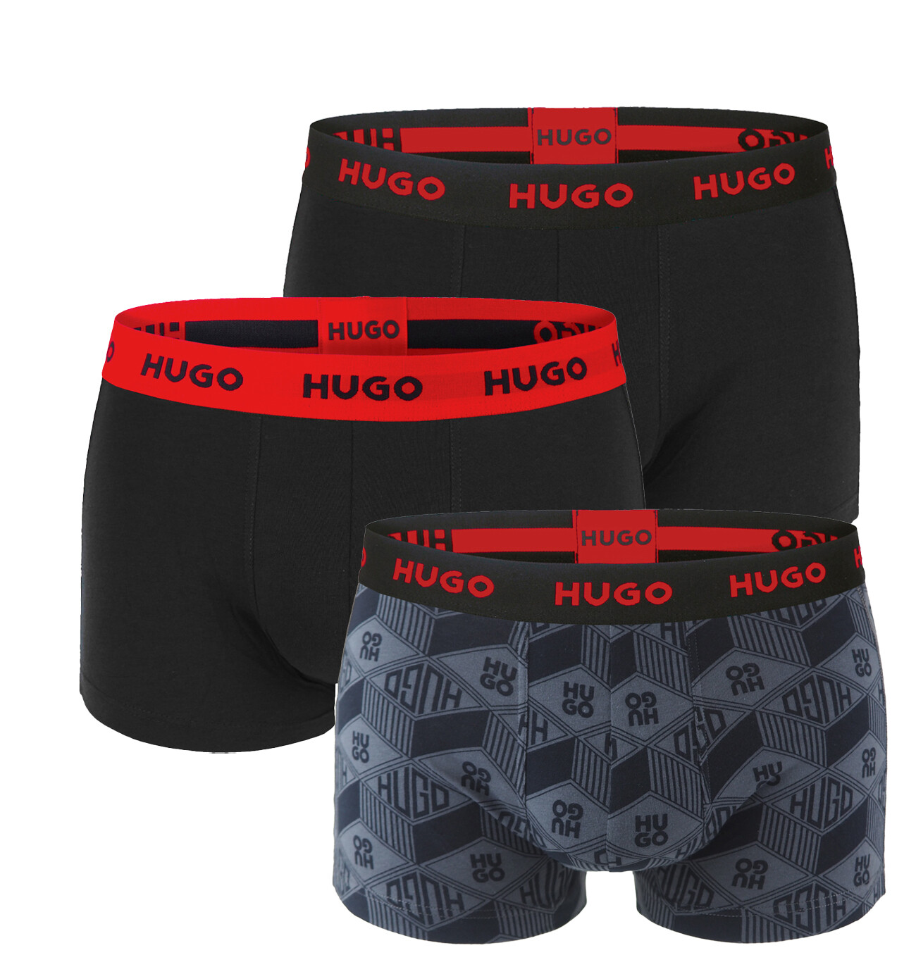 HUGO - boxerky 3PACK cotton stretch dark & black color / modern logo HUGO