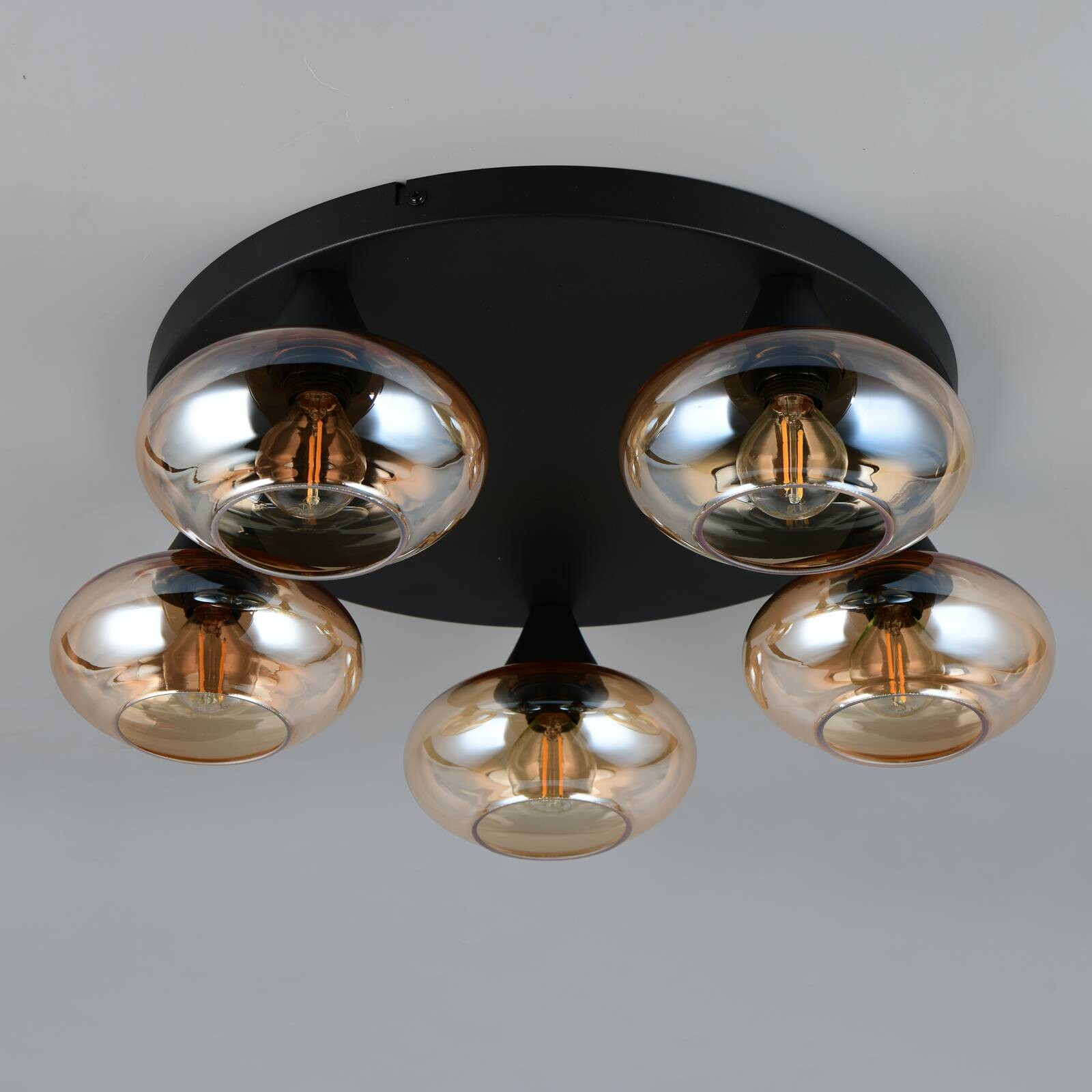 Stropné svietidlo Divina, jantárovej farby, Ø 49 cm, 5-pl, sklo