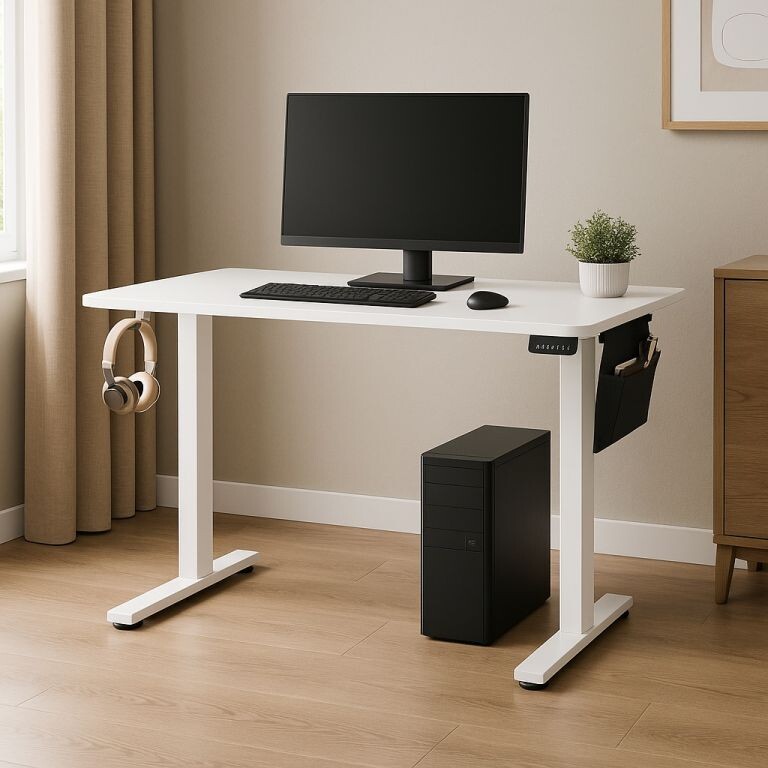 Elektricky výškovo nastaviteľný pracovný stôl 140×60 cm biel