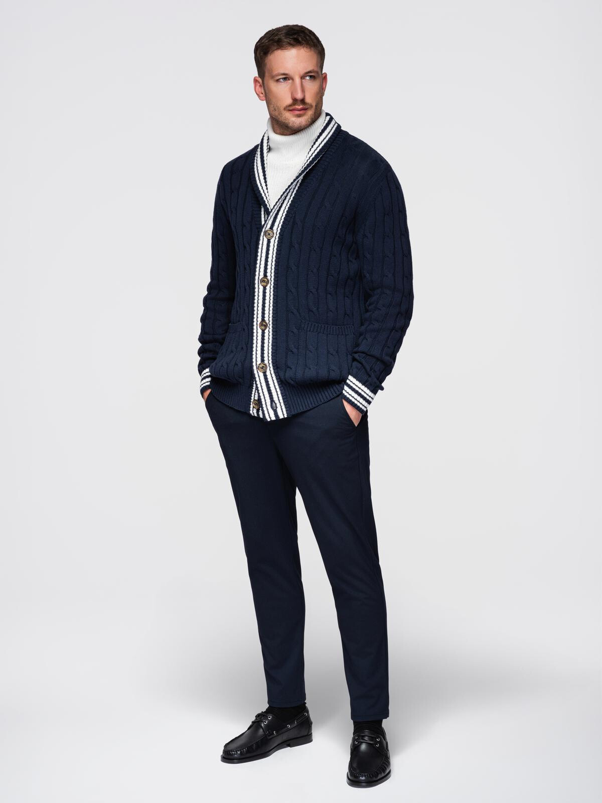 Ombre Men's cardigan sweater with shawl collar in preppy style - navy blue