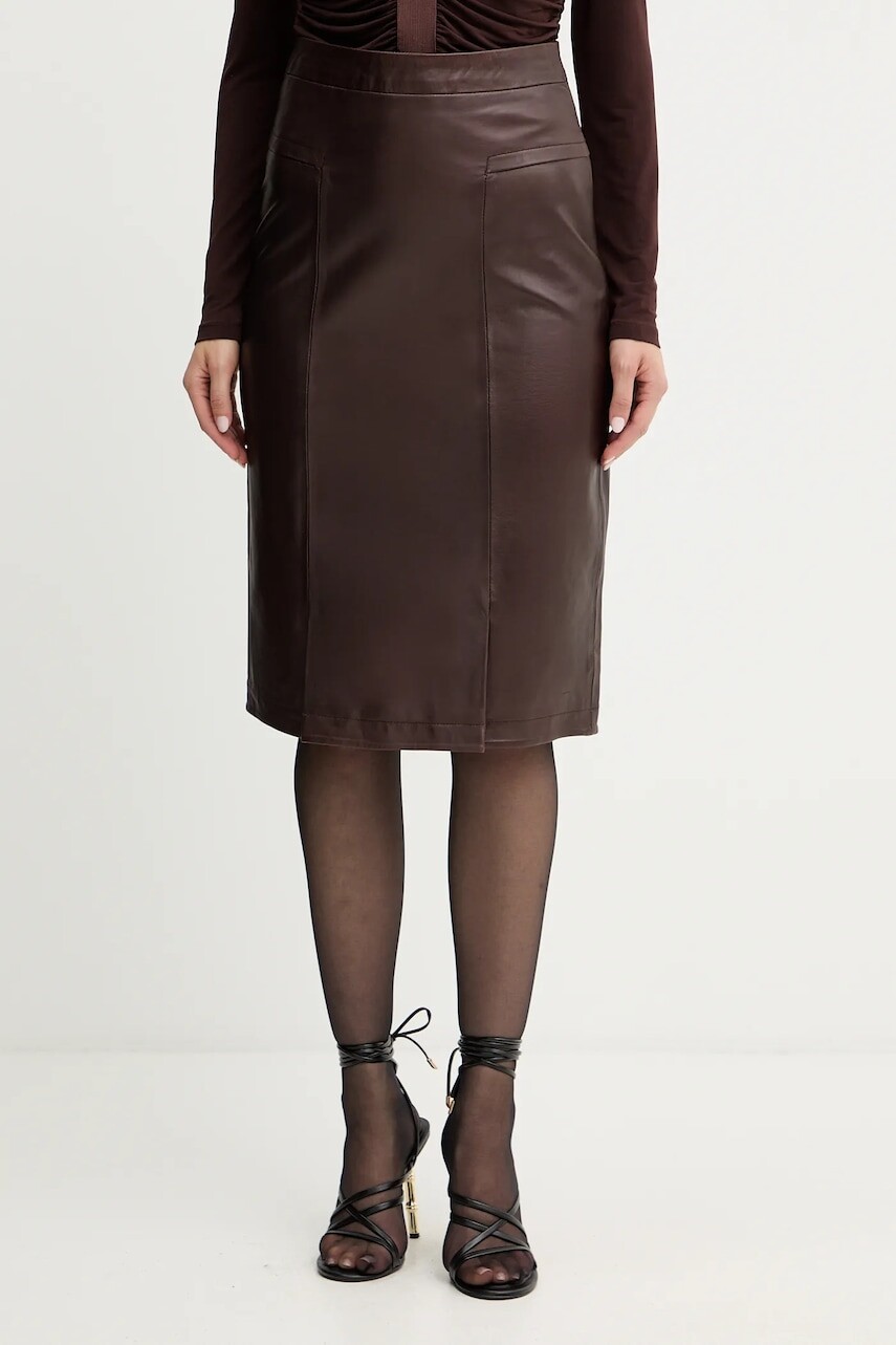 Kožená sukňa Herve Leger Estella hnedá farba, mini, rovný strih, WLT3536273