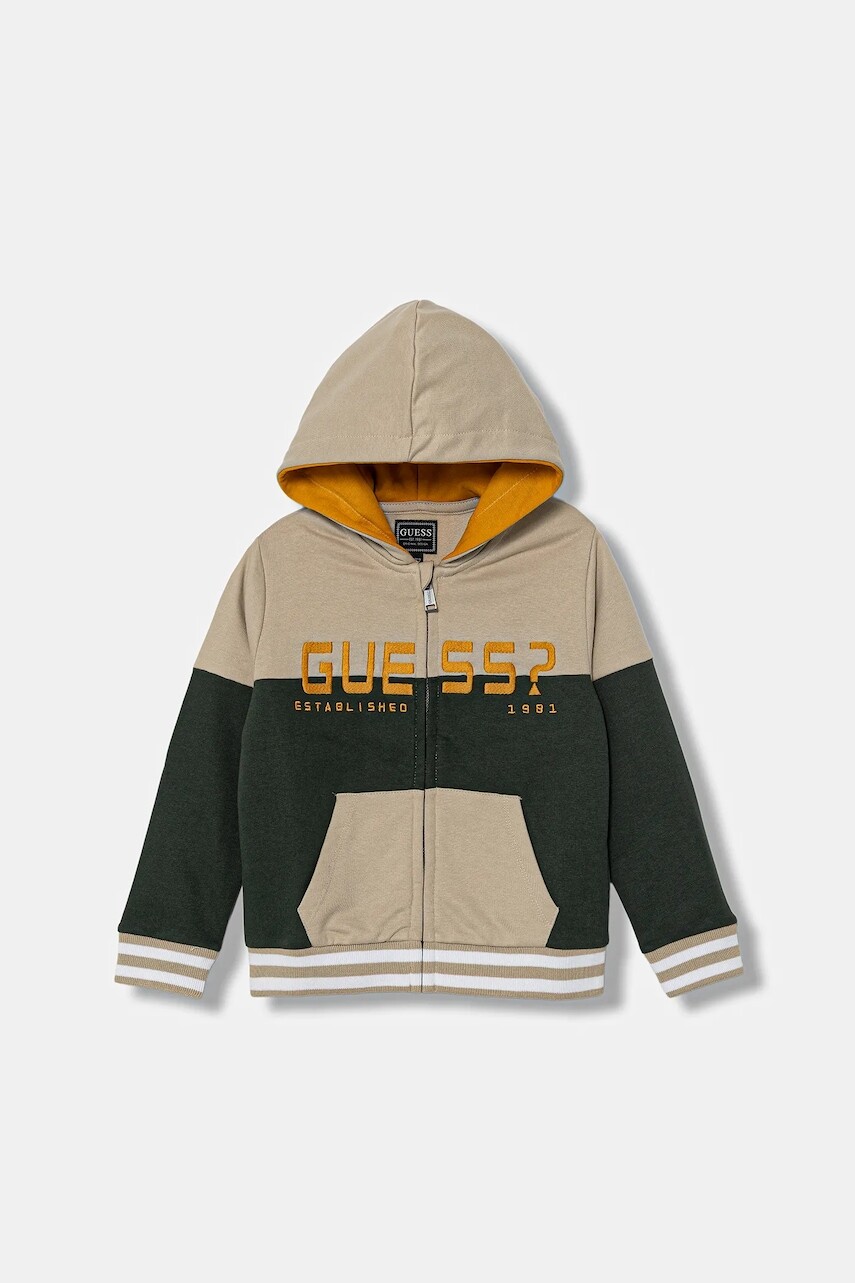 Detská bavlnená mikina Guess béžová farba, s kapucňou, vzorovaná, N5BQ00 KAX74