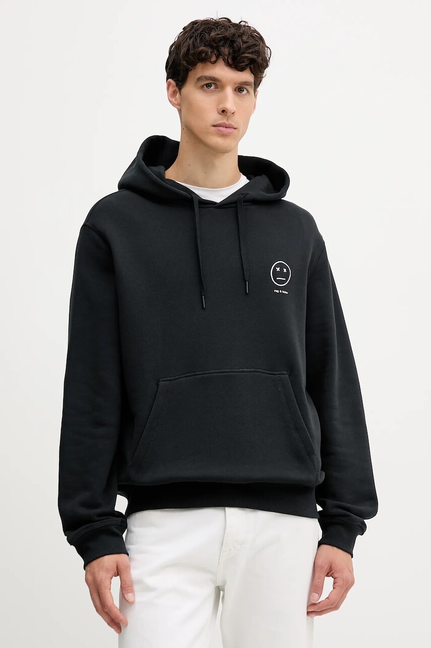Mikina Rag & Bone čierna farba, s kapucňou, s nášivkou, RF7025FT2GM