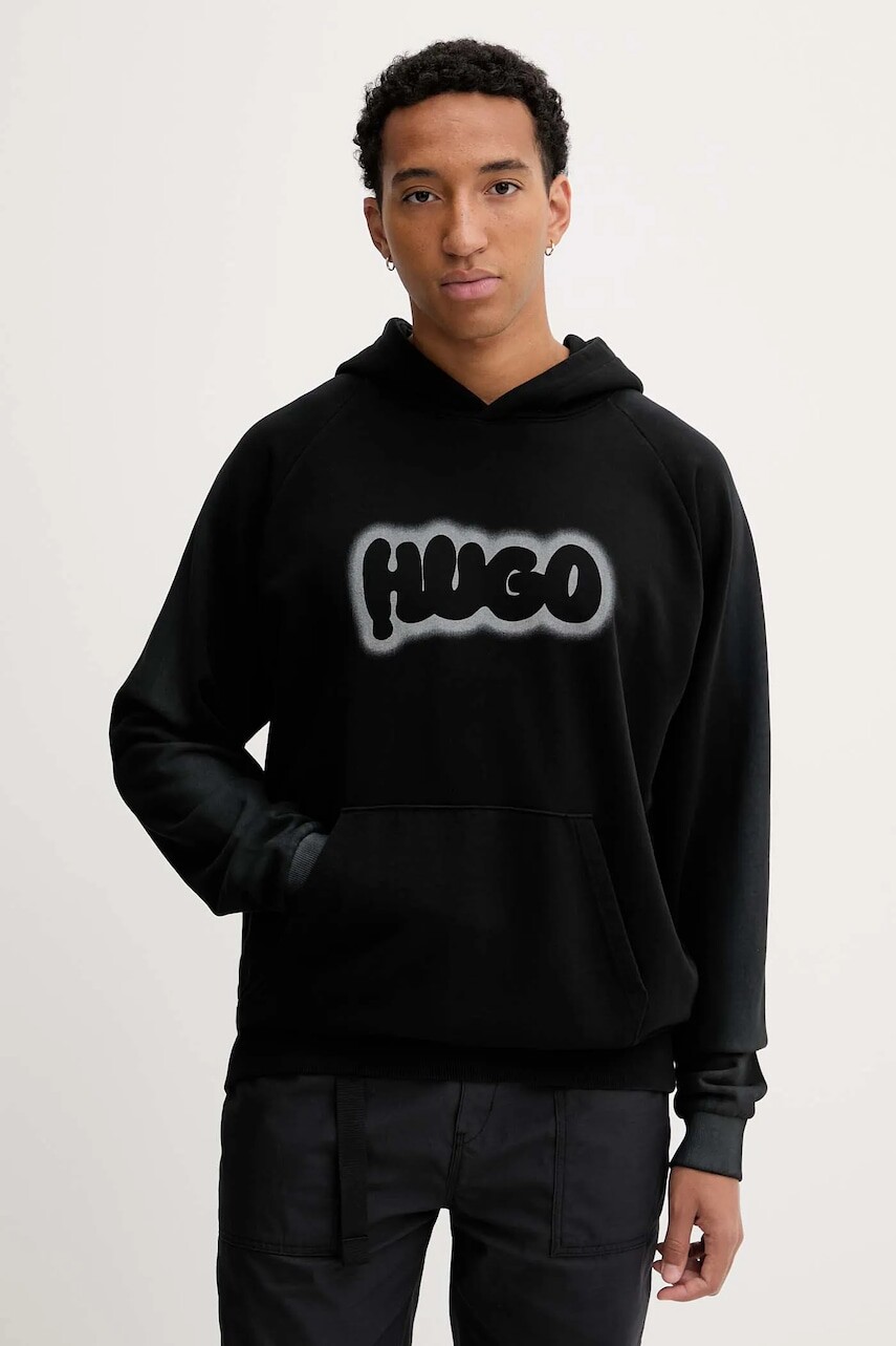 Bavlnená mikina Hugo Blue čierna farba, s kapucňou, s potlačou, 50549579