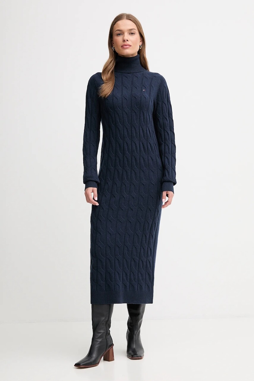 Šaty s prímesou vlny Tommy Hilfiger tmavomodrá farba, maxi, rovný strih, WW0WW46429