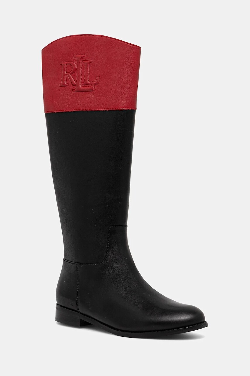 Kožené čižmy Lauren Ralph Lauren Justine II čierna farba, na plochom podpätku, 802980557001