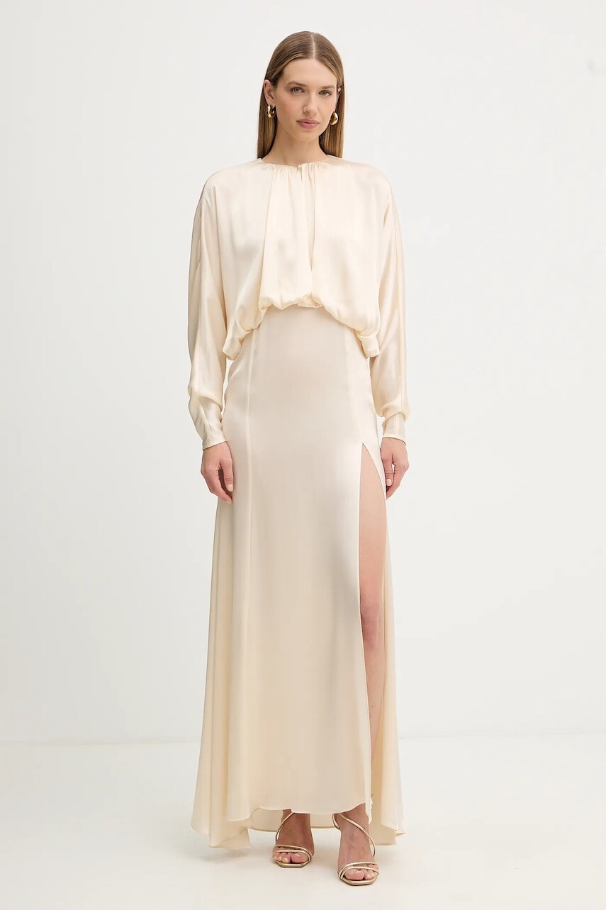 Šaty s prímesou hodvábu Twinset béžová farba, maxi, áčkový strih, 252TS2200