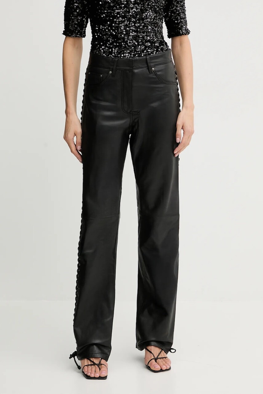 Kožené nohavice Rotate čierna farba, široké, vysoký pás, 115133100