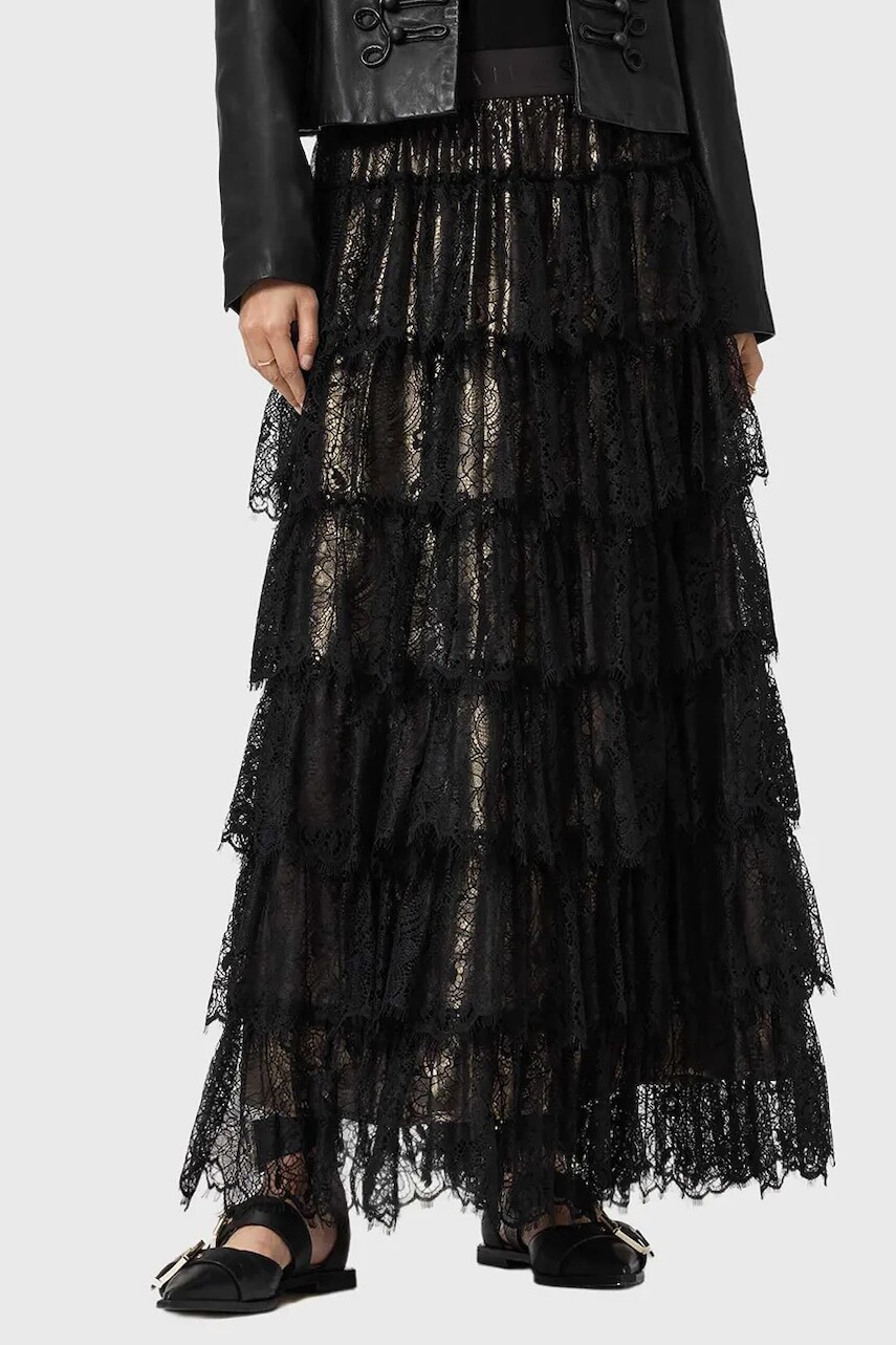 Sukňa AllSaints čierna farba, maxi, áčkový strih, W069RD