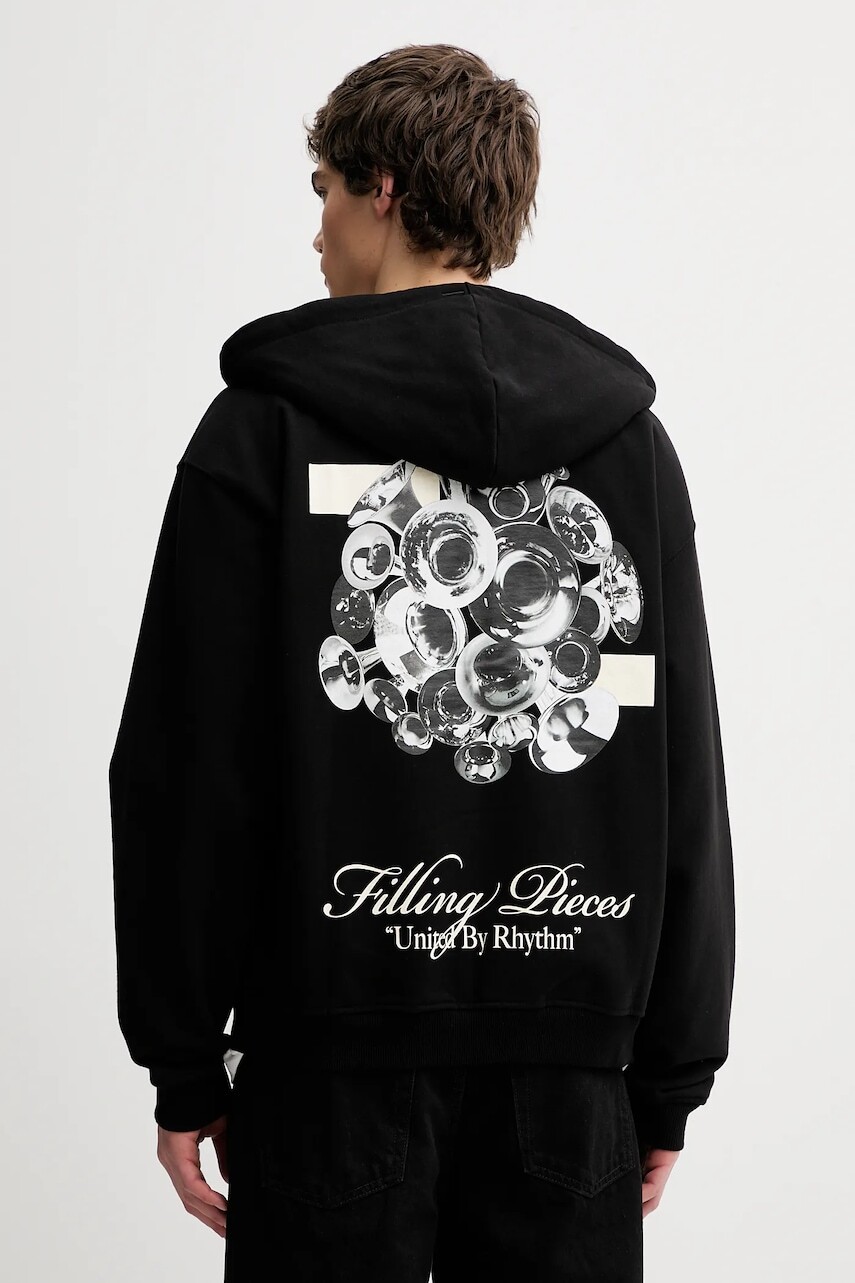 Bavlnená mikina Filling Pieces Zip Hoodie Bouquet čierna farba, s kapucňou, s potlačou, 422533501122
