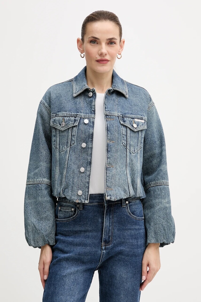 Bavlnená rifľová bunda Calvin Klein Jeans modrá farba, prechodná, oversize, LV047D725G