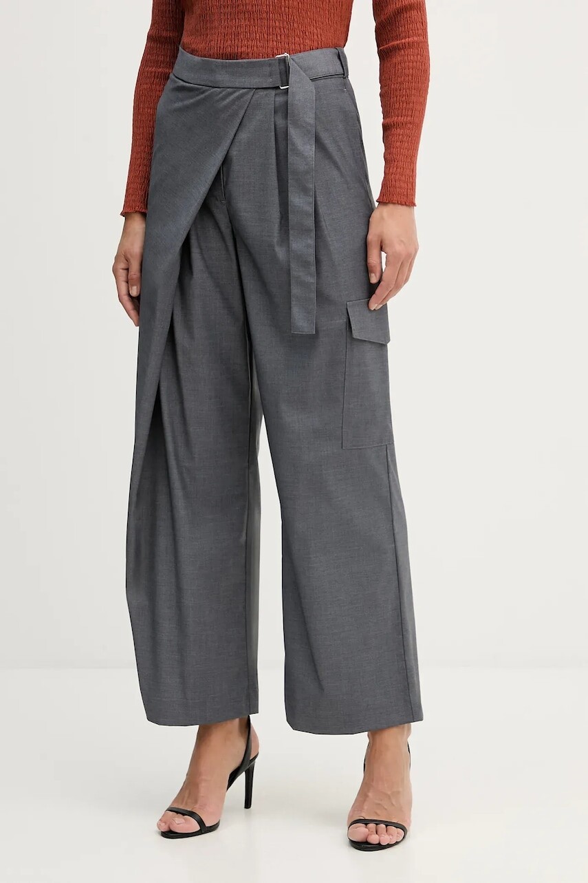 Nohavice Sisley šedá farba, široké, vysoký pás, 4K2KLF07K