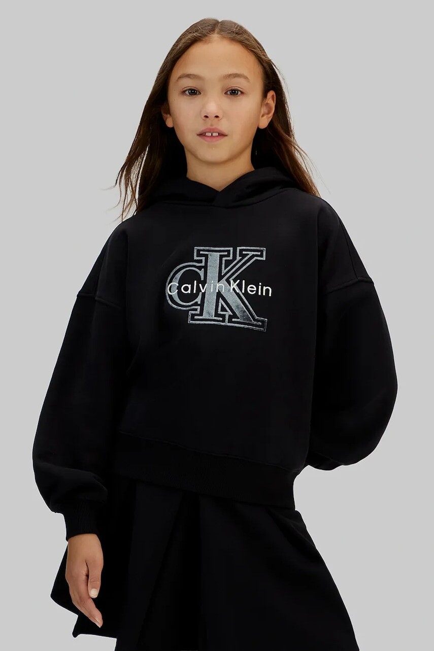 Detská bavlnená mikina Calvin Klein Jeans čierna farba, s kapucňou, s potlačou, IG0IG03068