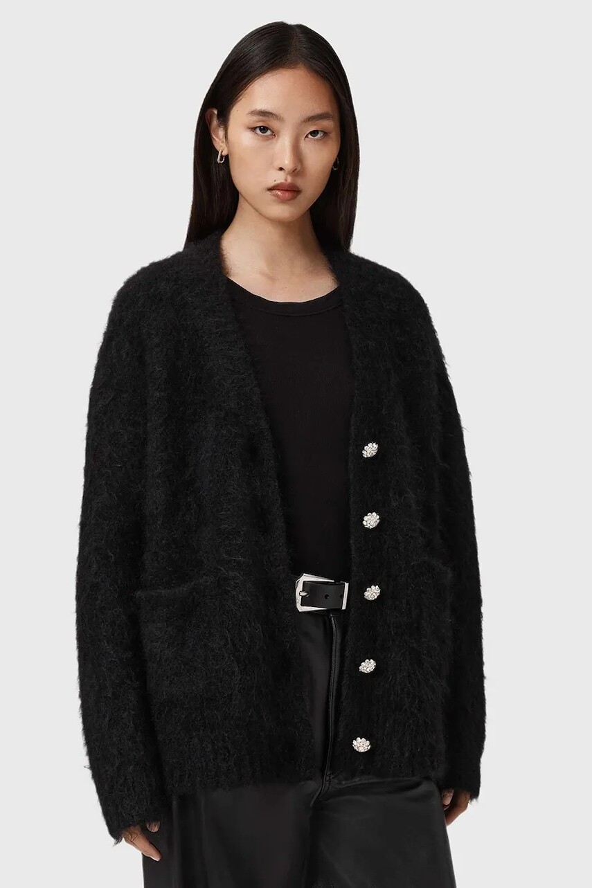 Vlnený kardigán AllSaints čierna farba, W077KD