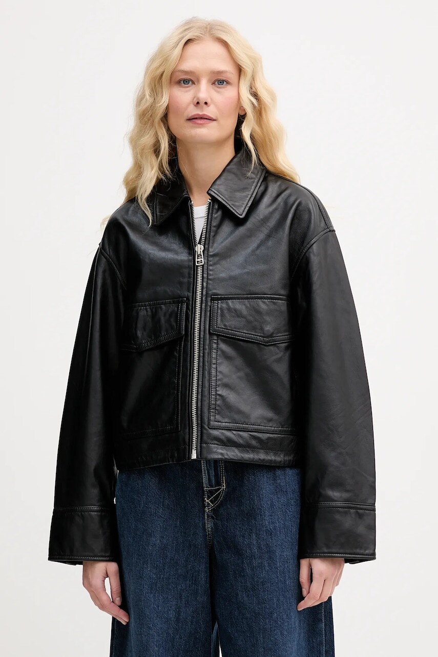 Kožená bunda Marc O'Polo čierna farba, prechodná, oversize, 5000007965