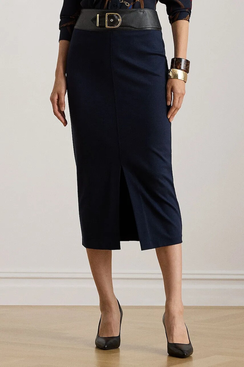 Sukňa Lauren Ralph Lauren tmavomodrá farba, midi, puzdrová, 200P03729