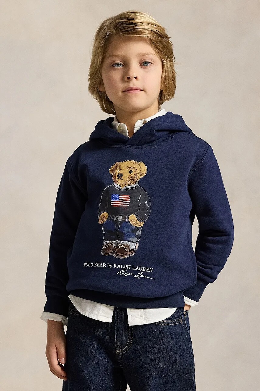 Detská mikina Polo Ralph Lauren tmavomodrá farba, s kapucňou, s potlačou, 322A10529001