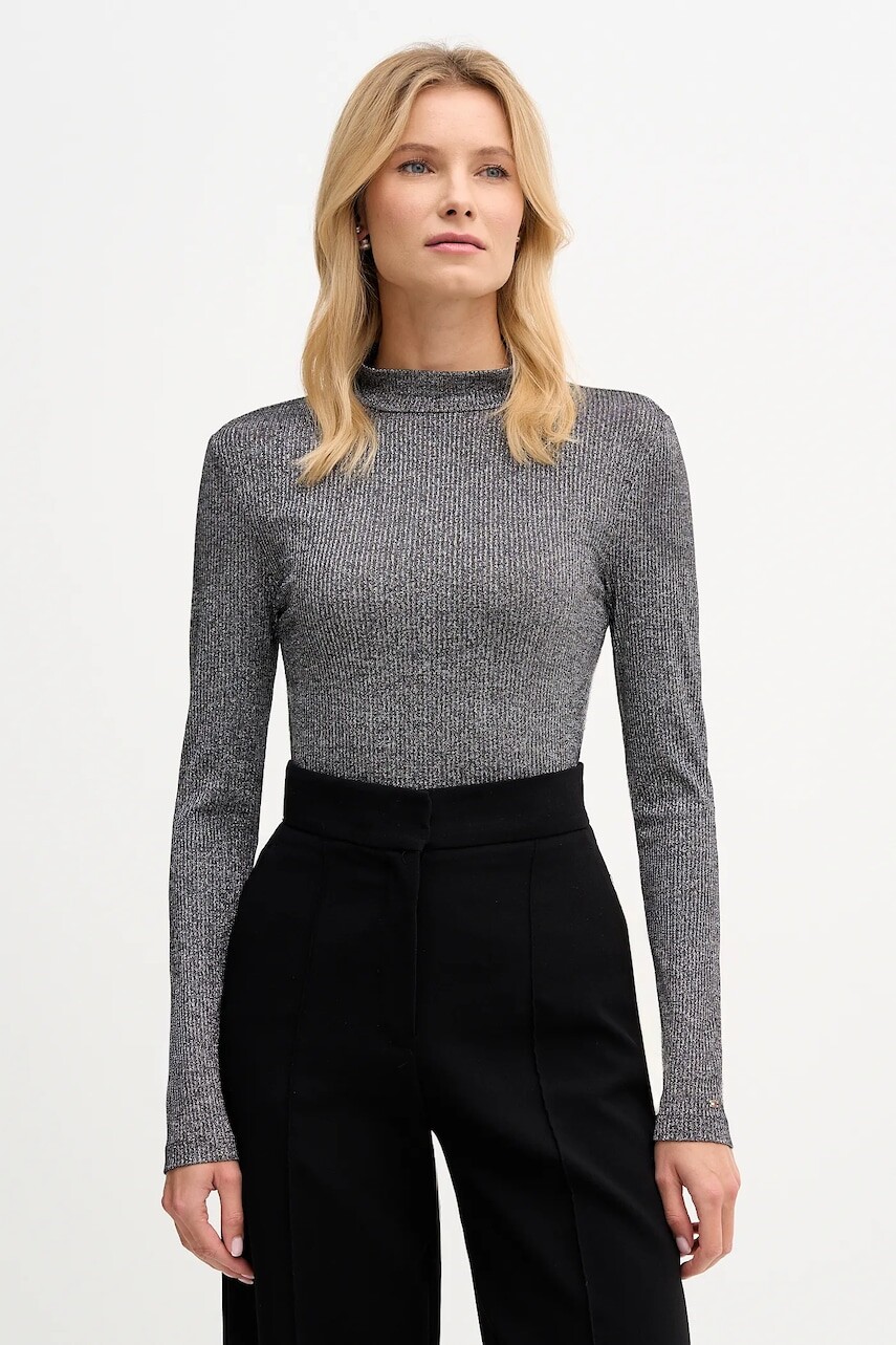 Tričko s dlhým rukávom Tommy Hilfiger šedá farba, s polorolákom, WW0WW49391