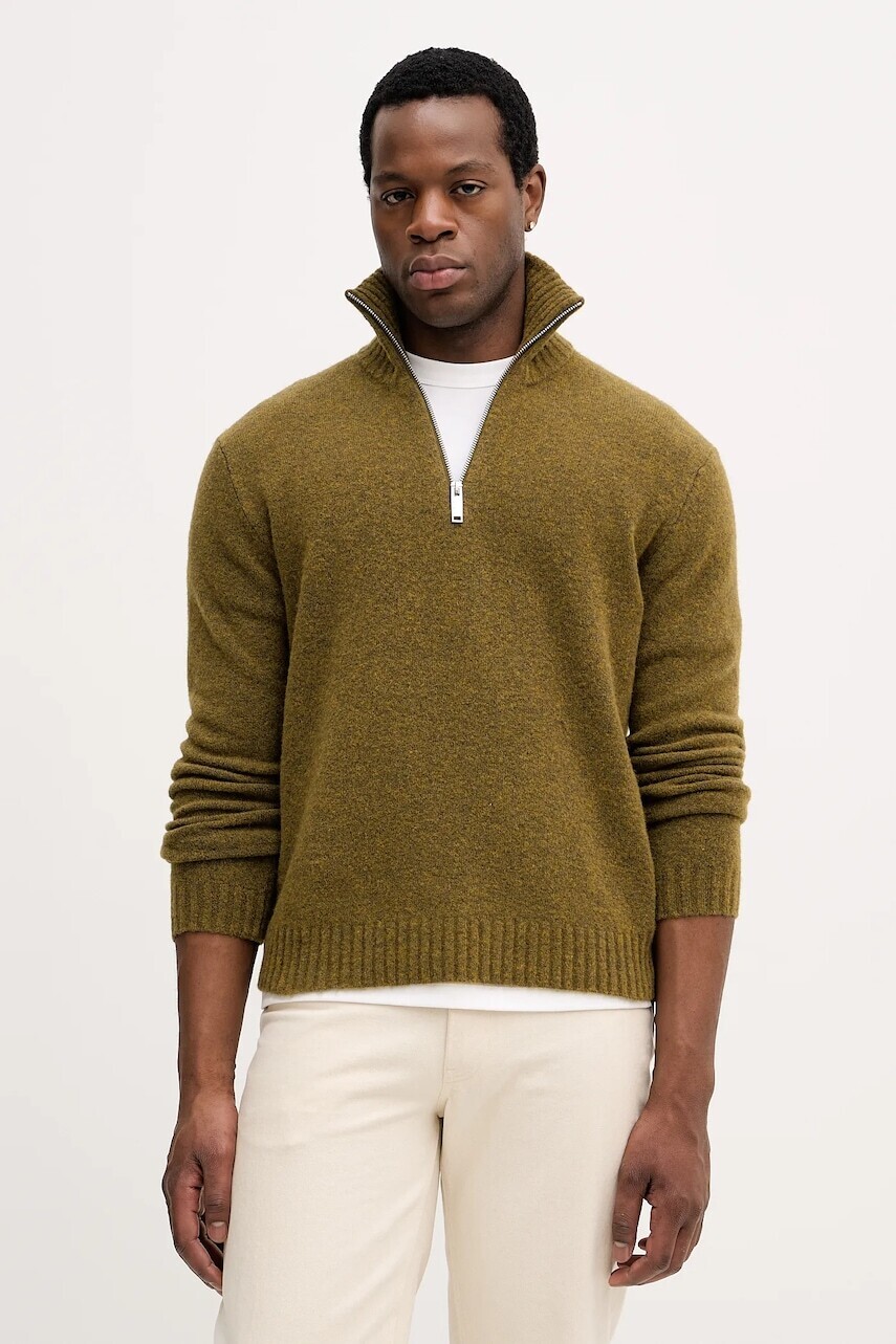 Sveter s prímesou vlny Sisley zelená farba, s rolákom, 1PJXS200Y