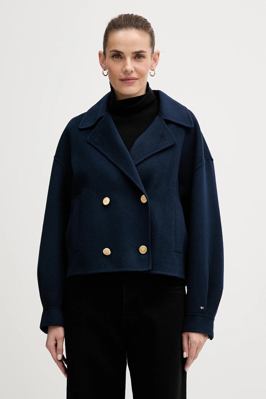 Kabát s prímesou vlny Tommy Hilfiger tmavomodrá farba, WW0WW47759