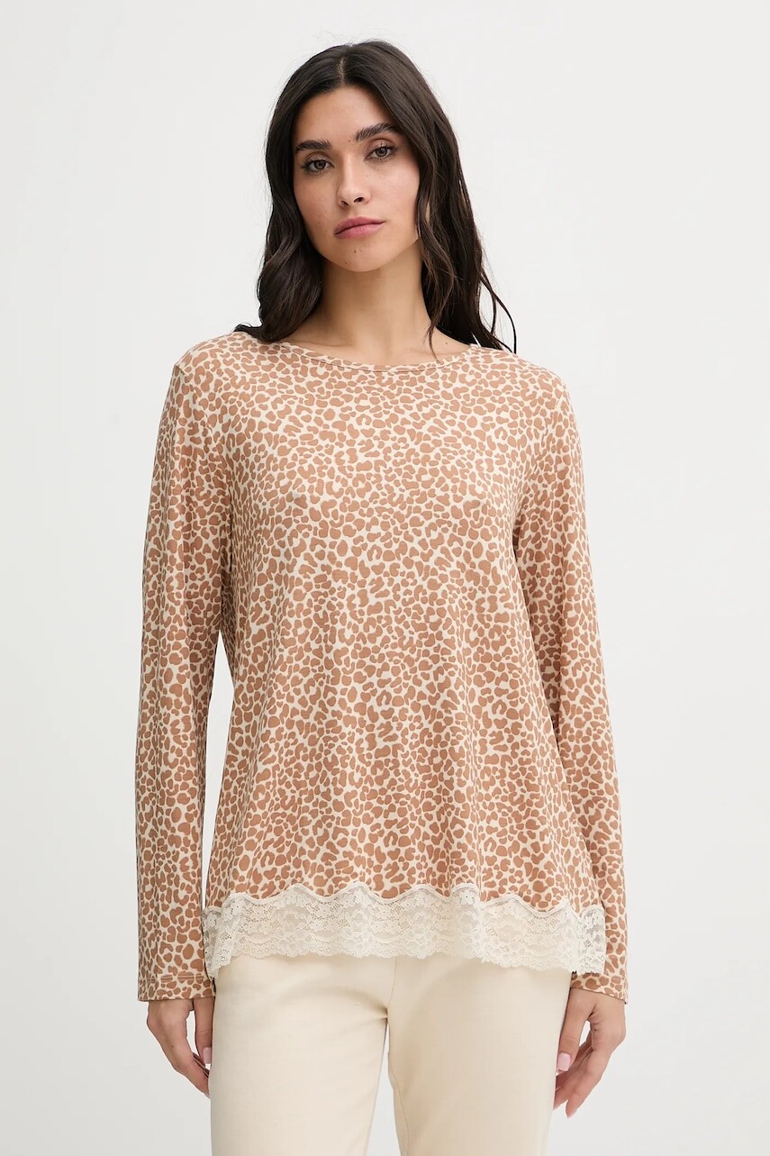 Pyžamové tričko s dlhým rukávom United Colors of Benetton hnedá farba, 32V93M07V