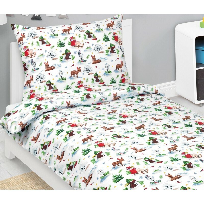 Bellatex Vianočné bavlnené obliečky Zvieratká v lese, 140 x 200 cm, 70 x 90 cm