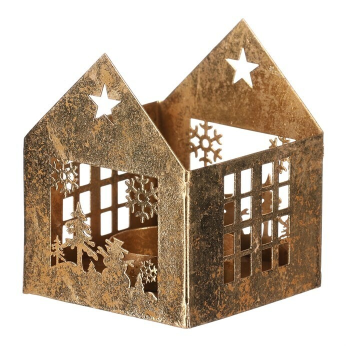 Kovový svietnik Domček, zlatá, 8 x 8 x 10 cm