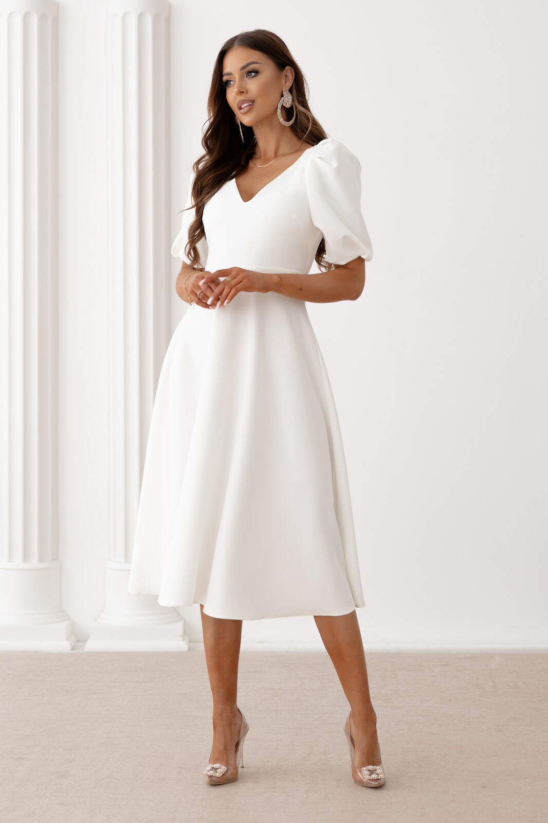 Lacoria Biele midi šaty s balónovými rukávmi Veľkosť: S