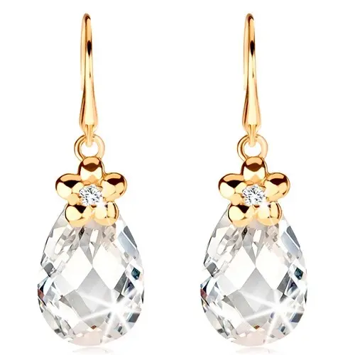 Náušnice zo žltého 14K zlata - malý kvietok a číra zirkónová slza