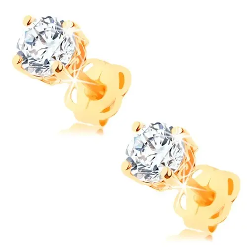 Zlaté puzetové náušnice 585 - ligotavý okrúhly zirkón v dekoratívnom kotlíku