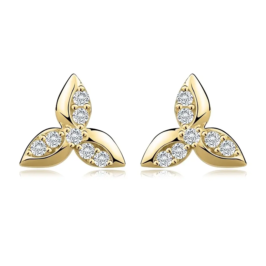 Zlaté náušnice v 14K žltom zlate - listy so širším lemom, zirkóny, puzetky