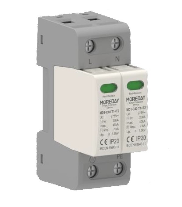 MOREDAY AC Zvodič prepätia pre FVE MD1-C40 275V/20-40kA 2P-4P typ 1+2 Veľkosť: TN-S Jednofázové zapojenie 2P