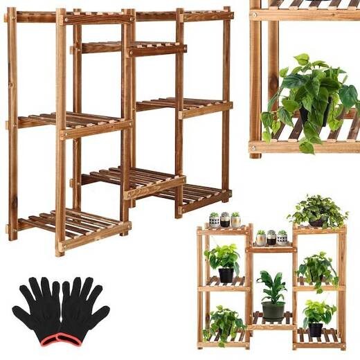 Drevený stojan na kvety s 8 policami - 70cm - tmavá hnedá/antický efekt