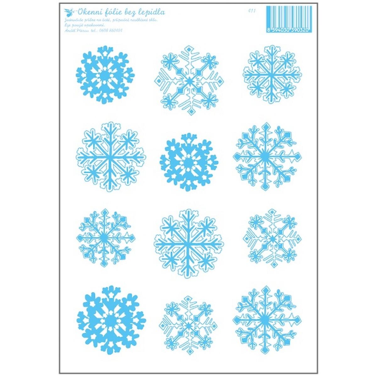 Anděl Okenná fólia s glitrami vločky svetlo modré 23 x 30 cm