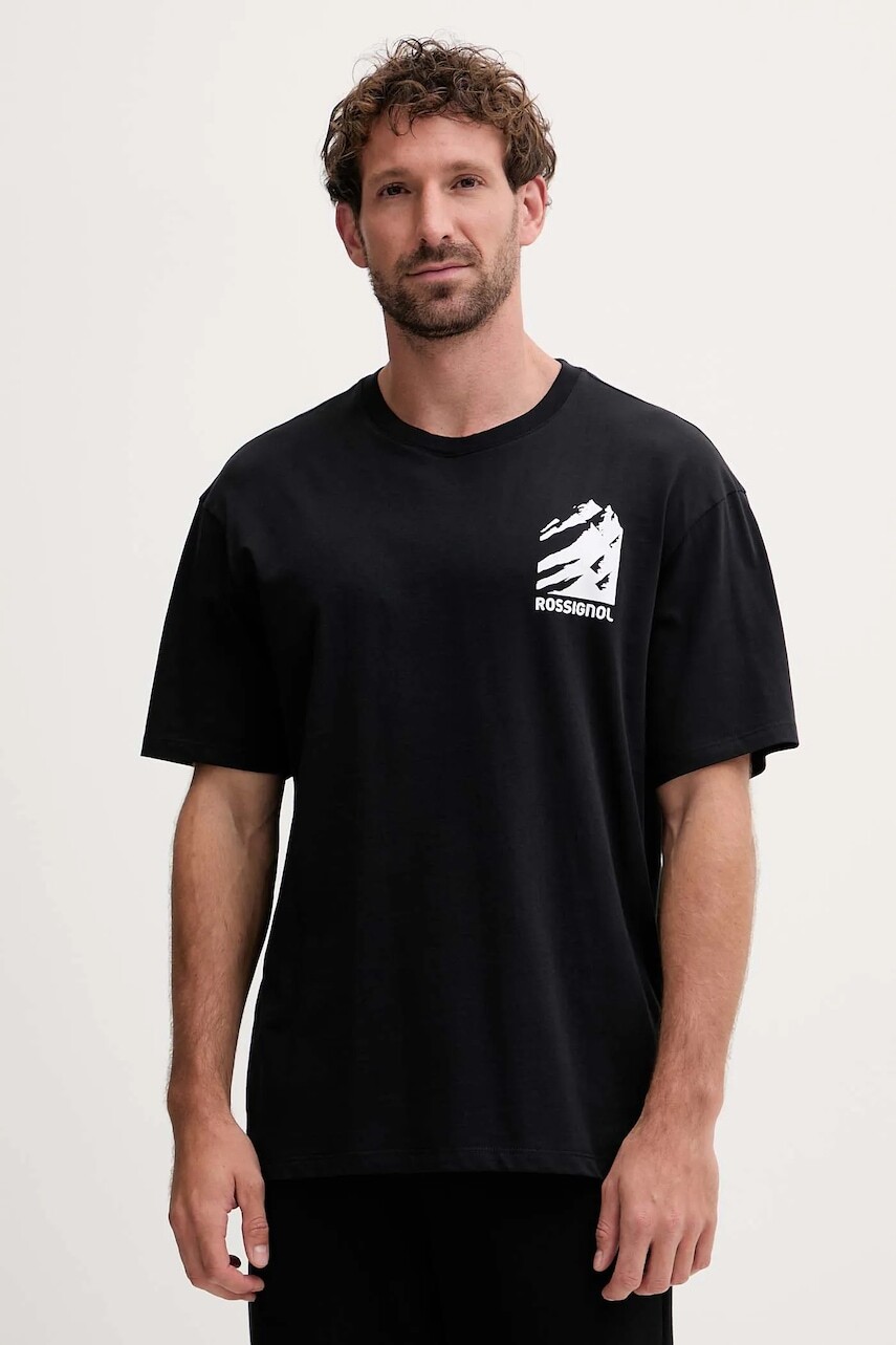 Bavlnené tričko Rossignol WATERFALL RELAX pánske, čierna farba, vzorované, RLOMY05