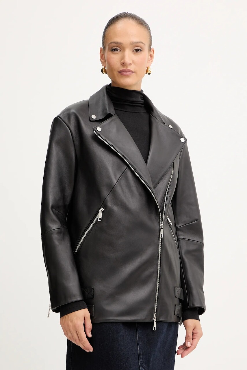 Kožená bunda BOSS čierna farba, prechodná, oversize, 50547474