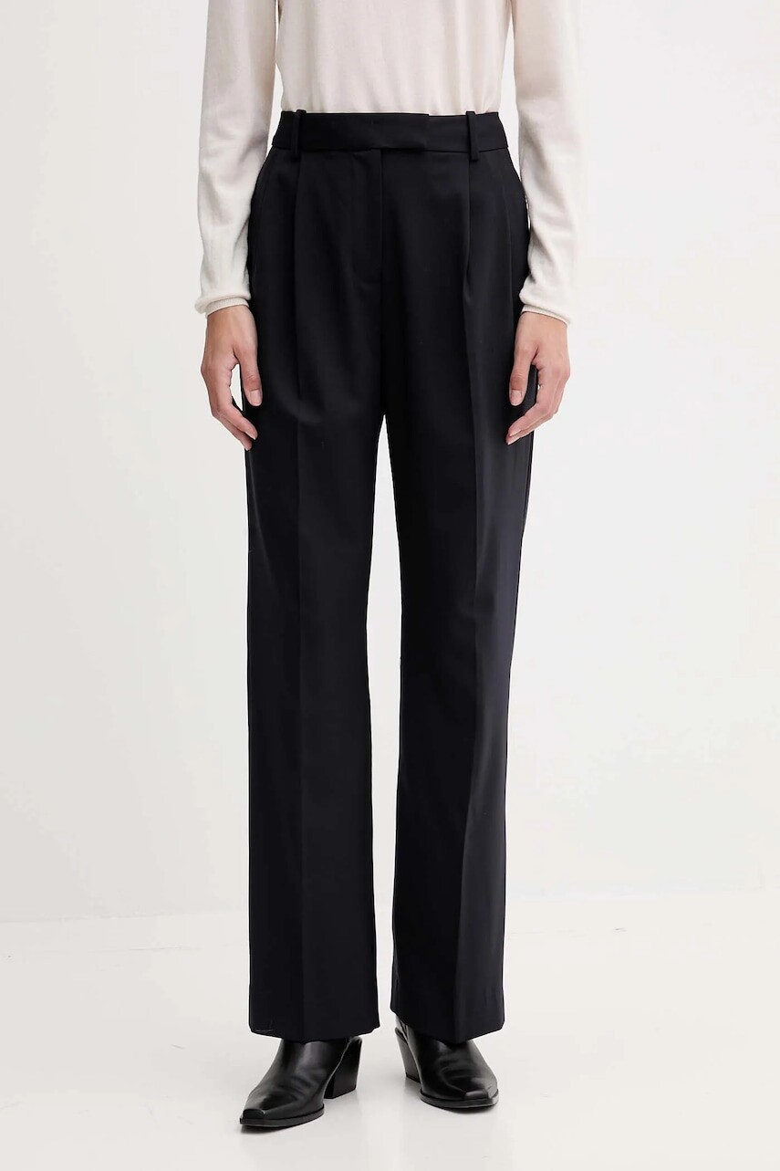 Nohavice s prímesou vlny Tommy Hilfiger tmavomodrá farba, široké, vysoký pás, WW0WW48352