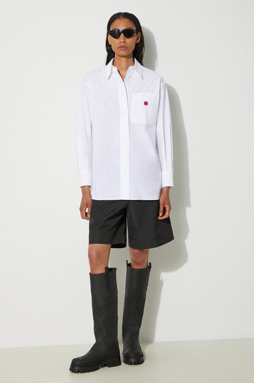Bavlnená košeľa Kenzo Boke Flower Oversized Shirt dámska, biela farba, voľný strih, s klasickým golierom, FE62CH2569LS.01