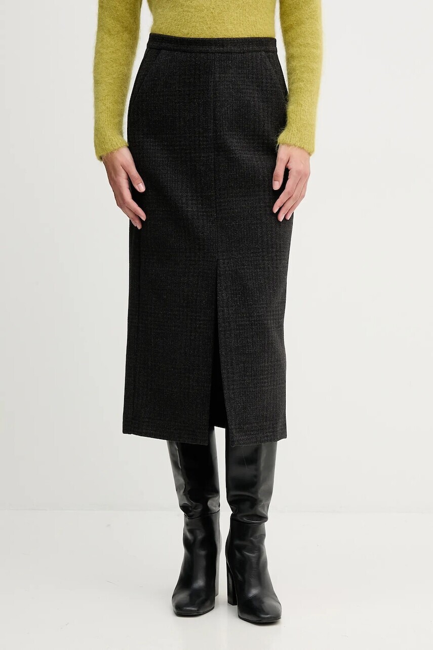 Sukňa Sandro Ferrone zelená farba, midi, rovný strih, S23YBFBLOGGER